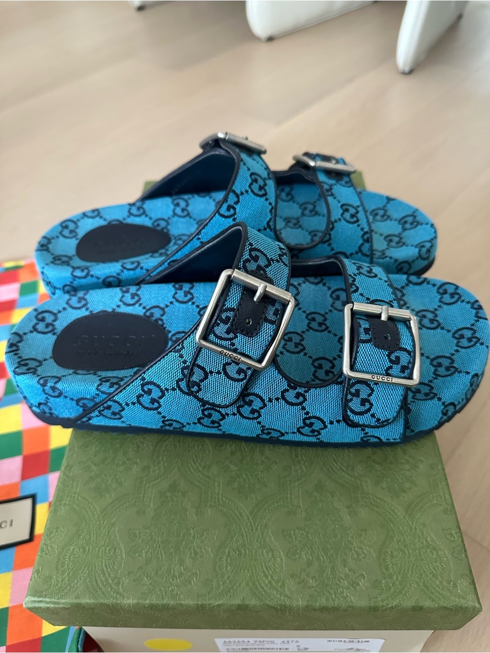 Gucci Blue GG Canvas Double-Buckle Sandals